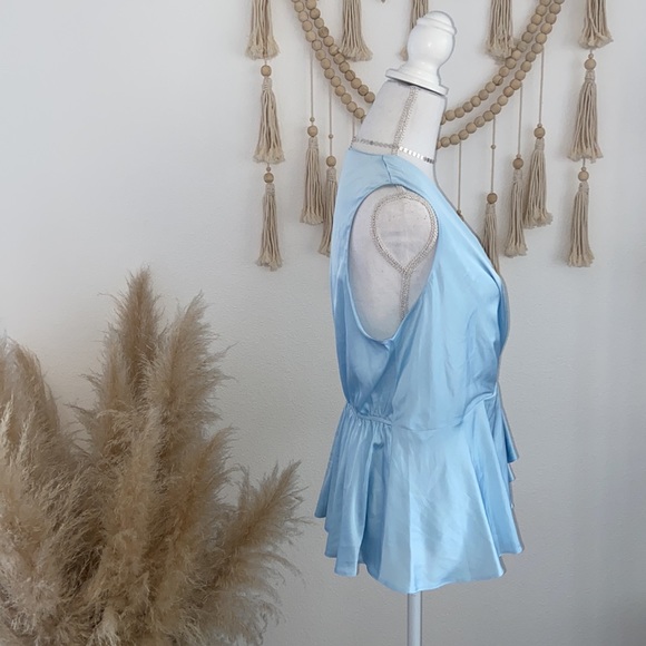 River Island drapey satin sleeveless top in light blue sexy ruffle shirt size 14 - Picture 16 of 16